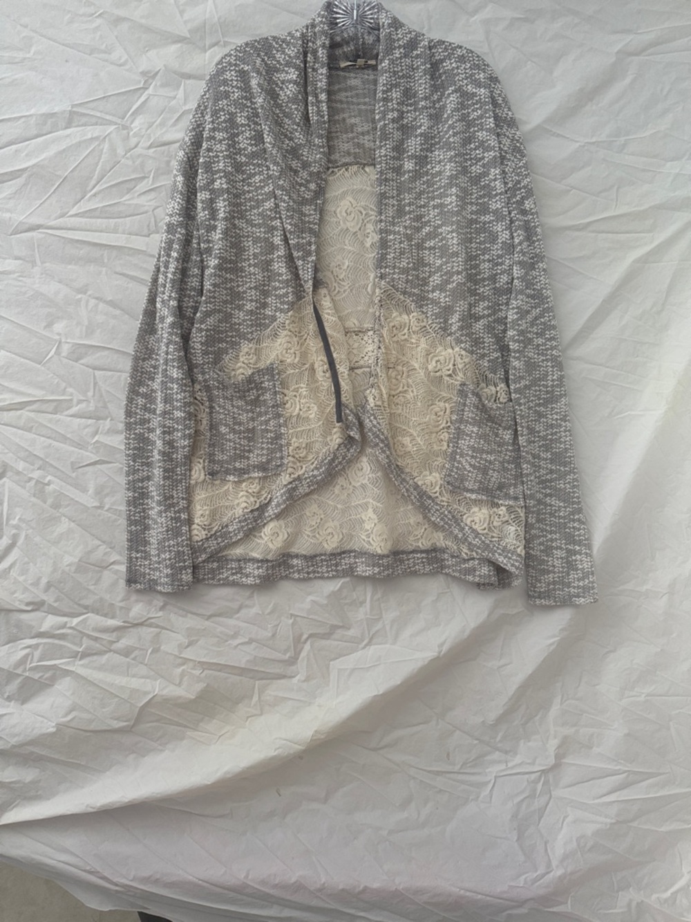 Miss Me 90’s Y2K Gray and Cream Textured Lace Knit Cardigan